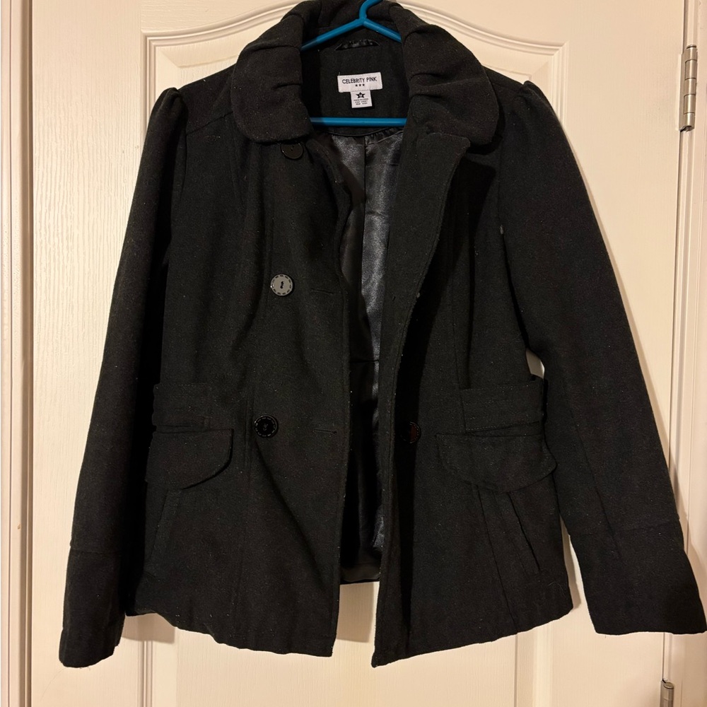 Celebrity Pink Black Pea Coat Classic Style